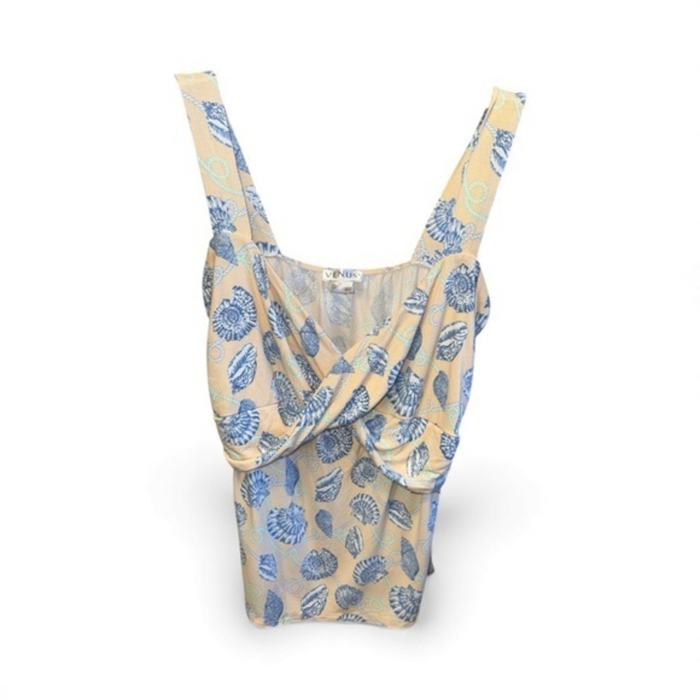 VENUS Cream and Blue Floral Sea Shell Camisole Sleeveless Beach Blouse Top Large
